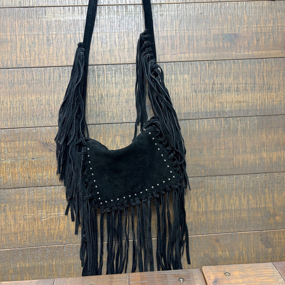 MANGO FRINGE BLACK SUEDE BAG